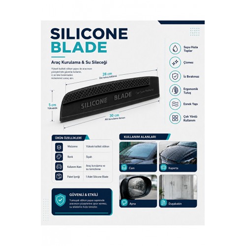 SILICON BLADE Oto Araç Su Temizlik ve Kurutma Sileceği Çizmez Esnek %100 Silikon Çekçek