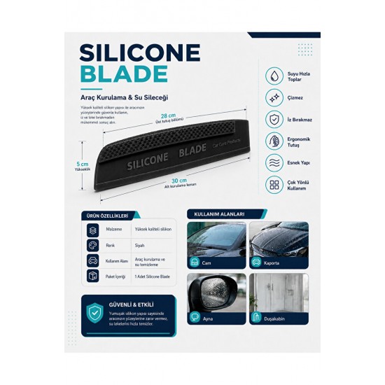 SILICON BLADE Oto Araç Su Temizlik ve Kurutma Sileceği Çizmez Esnek %100 Silikon Çekçek