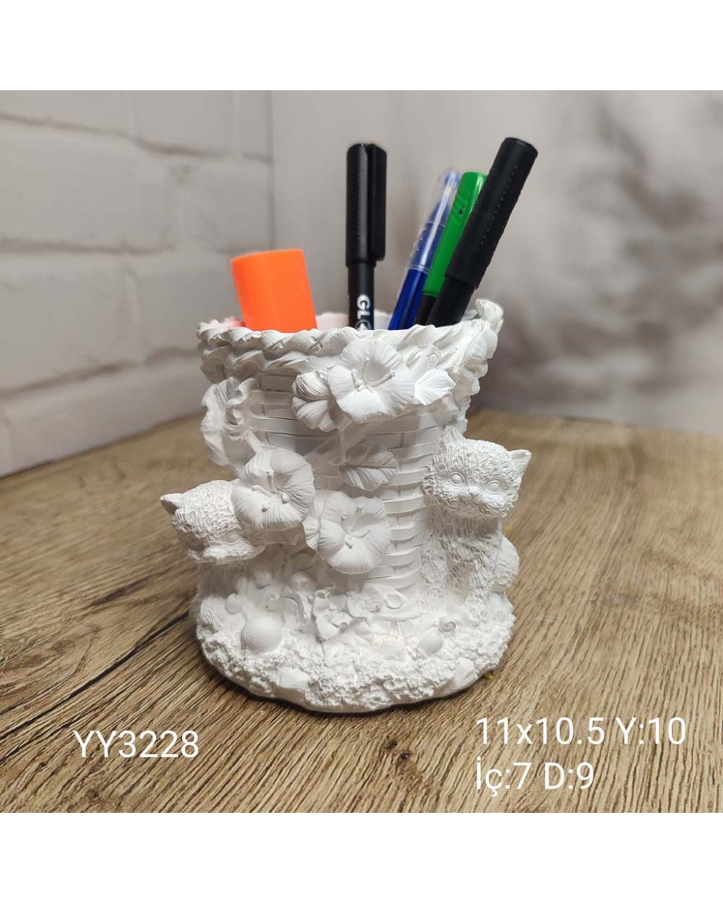 YY3228 Kedili Çiçekli Kalemlik Saksı