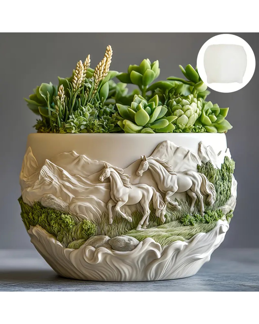 YY5905  Koşan Atlar Kabartmalı Yuvarlak Sukulent Saksı Silikon Kalıp