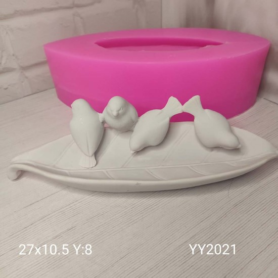 YY2021 Yaprak Tabakta Su İçen Kuşlar Silikon Kalıp