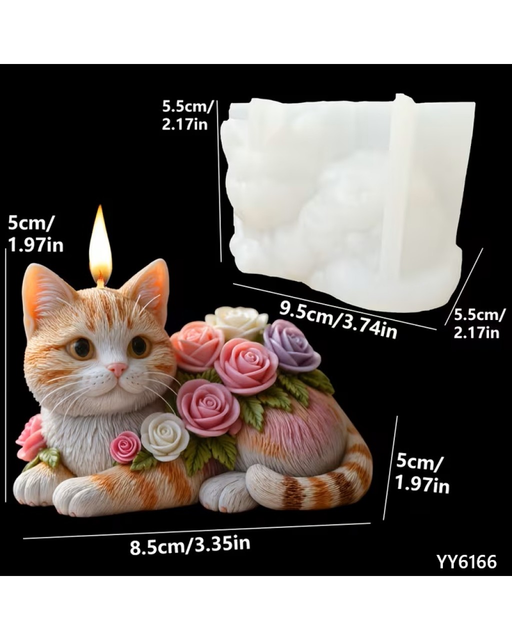 YY6166 GÜL SÜSLEMELİ YATAN KEDİ MUM BİBLO SİLİKON KALIP