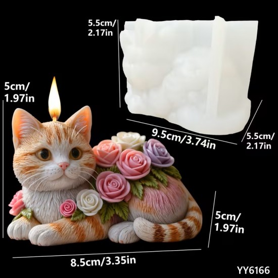 YY6166 GÜL SÜSLEMELİ YATAN KEDİ MUM BİBLO SİLİKON KALIP